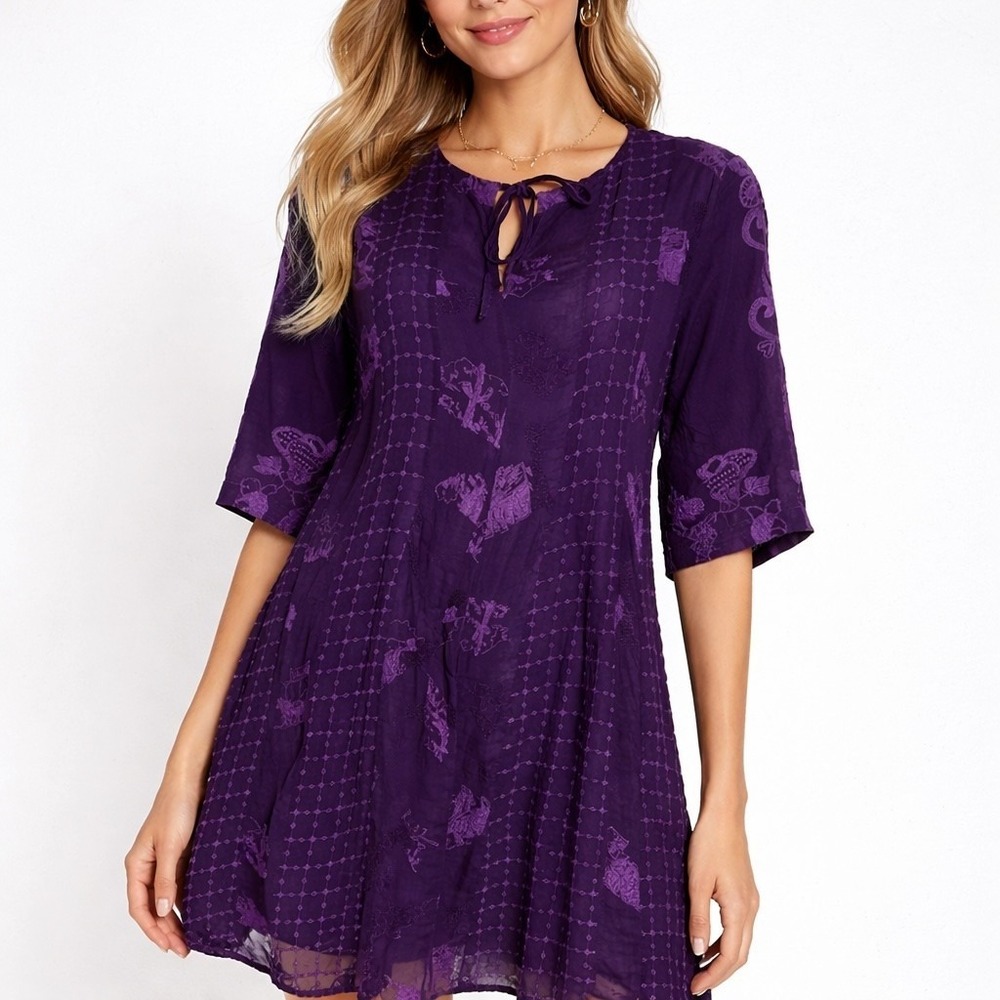 Johnny Was Embroidered Tunic Dress Womens XXS Purple Boho Mini Western Flowy